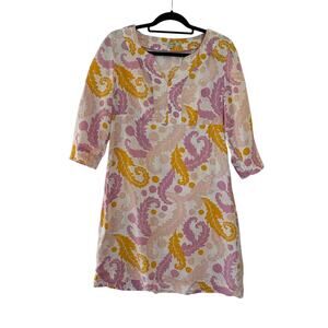 Boden Linen Floral Dress Size 8L Elbow Sleeve Knee Length Split V-Neck Pastel